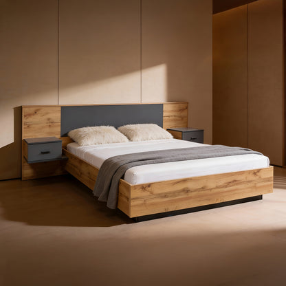 Double Bed With Nightstands Carys Hm744.12 Melamine In Natural/grey--mattress 160x200cm