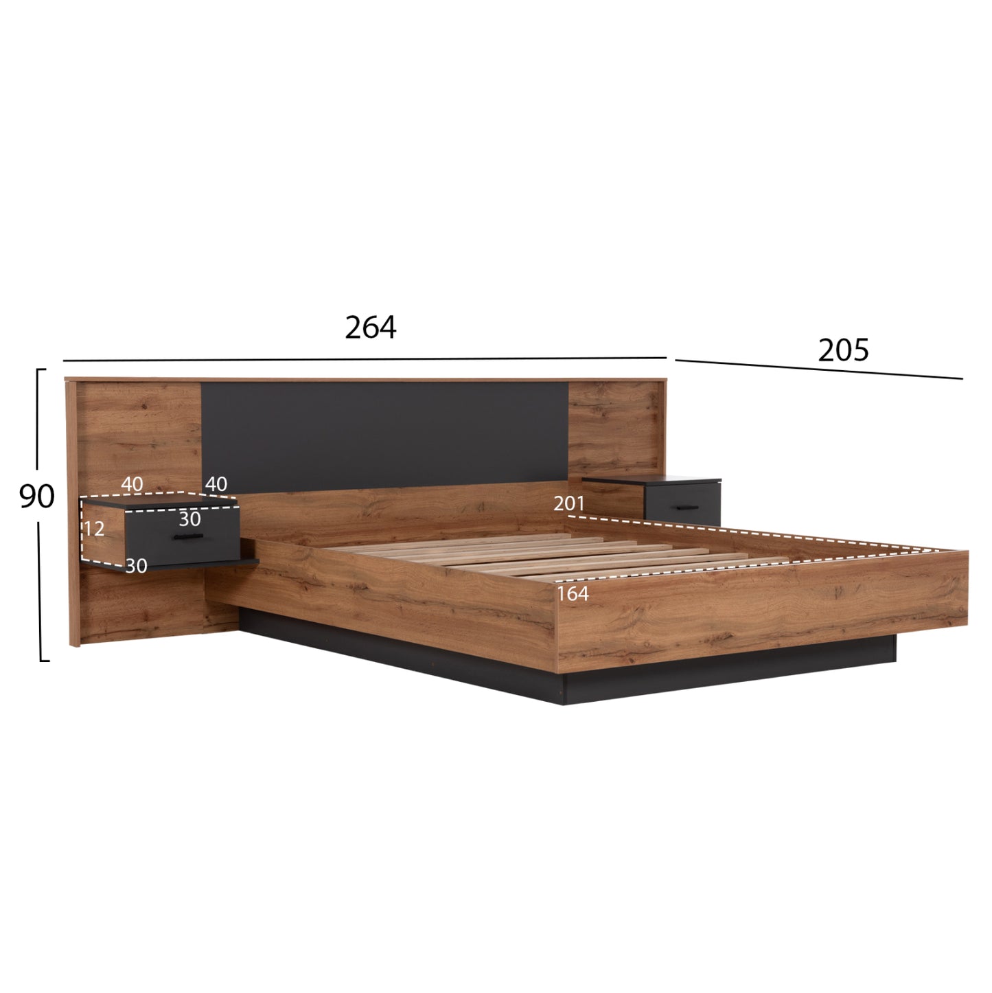 Double Bed With Nightstands Carys Hm744.12 Melamine In Natural/grey--mattress 160x200cm