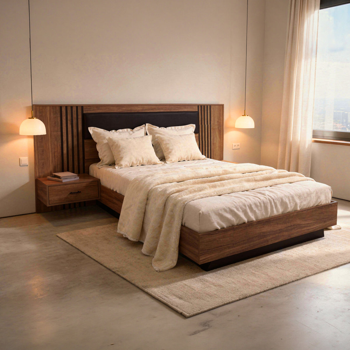 Double Bed With Nightstands Harry Melamine In Natural/black-mattress 160x200cm