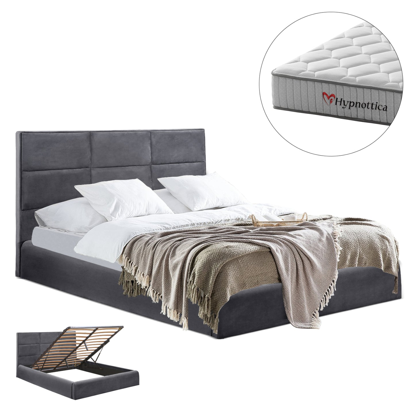 Bed With Mattress & Storage Space Briley Hm10765.01 Grey Velvet--for Mattress 160x200cm.