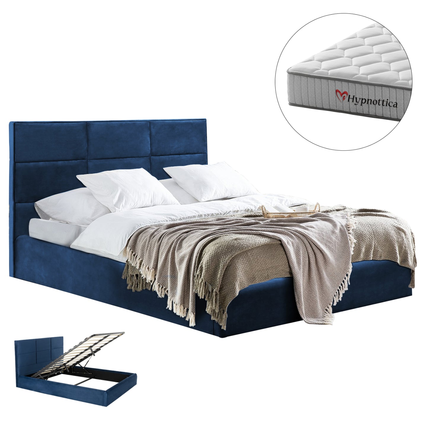 Bed With Mattress & Storage Space Briley Hm10765.03 Blue Velvet--for Mattress 160x200cm.