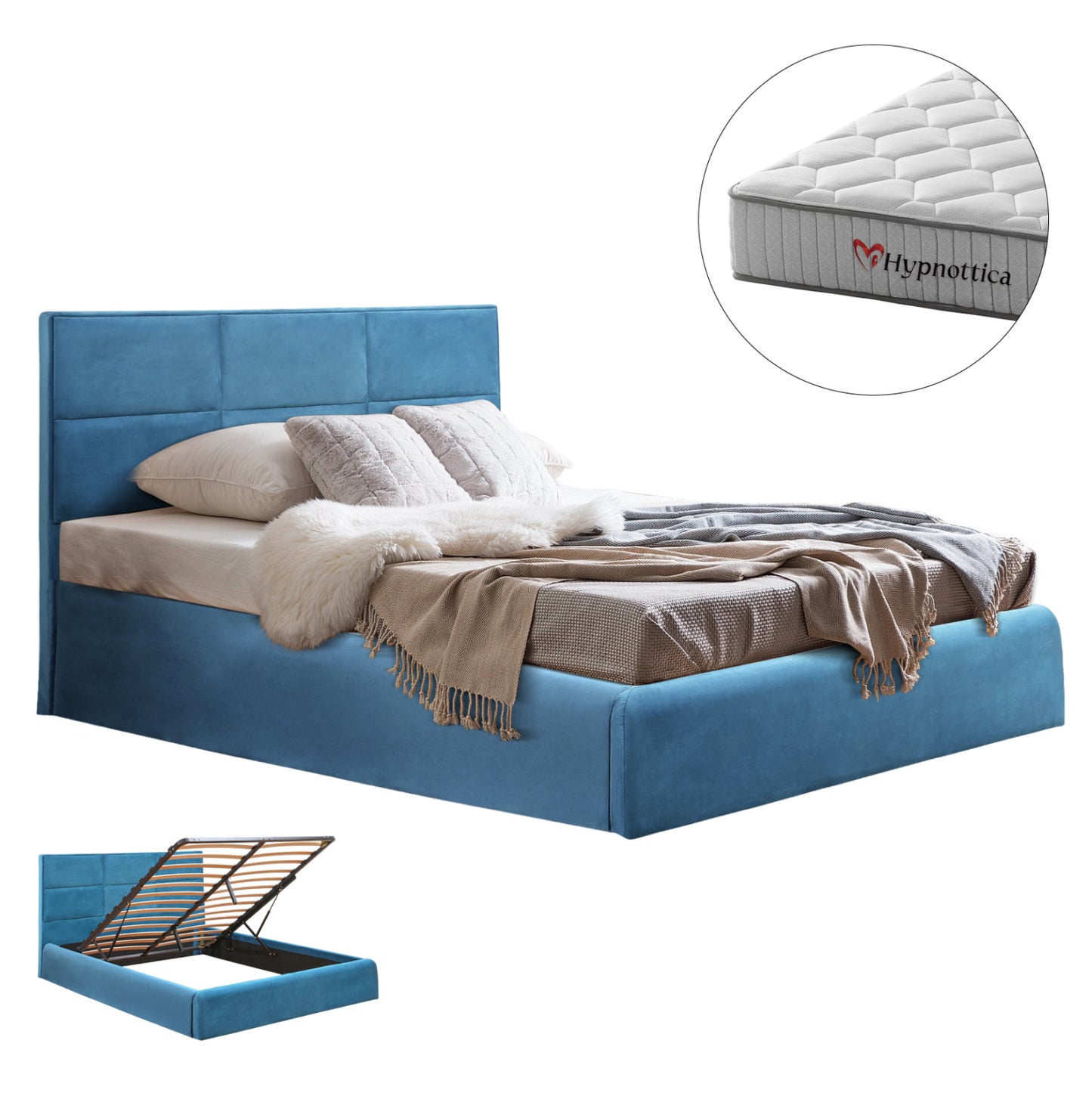 Bed With Mattress & Storage Space Briley Hm10765.04 Royal Blue Velvet--for Mattress 160x200cm.