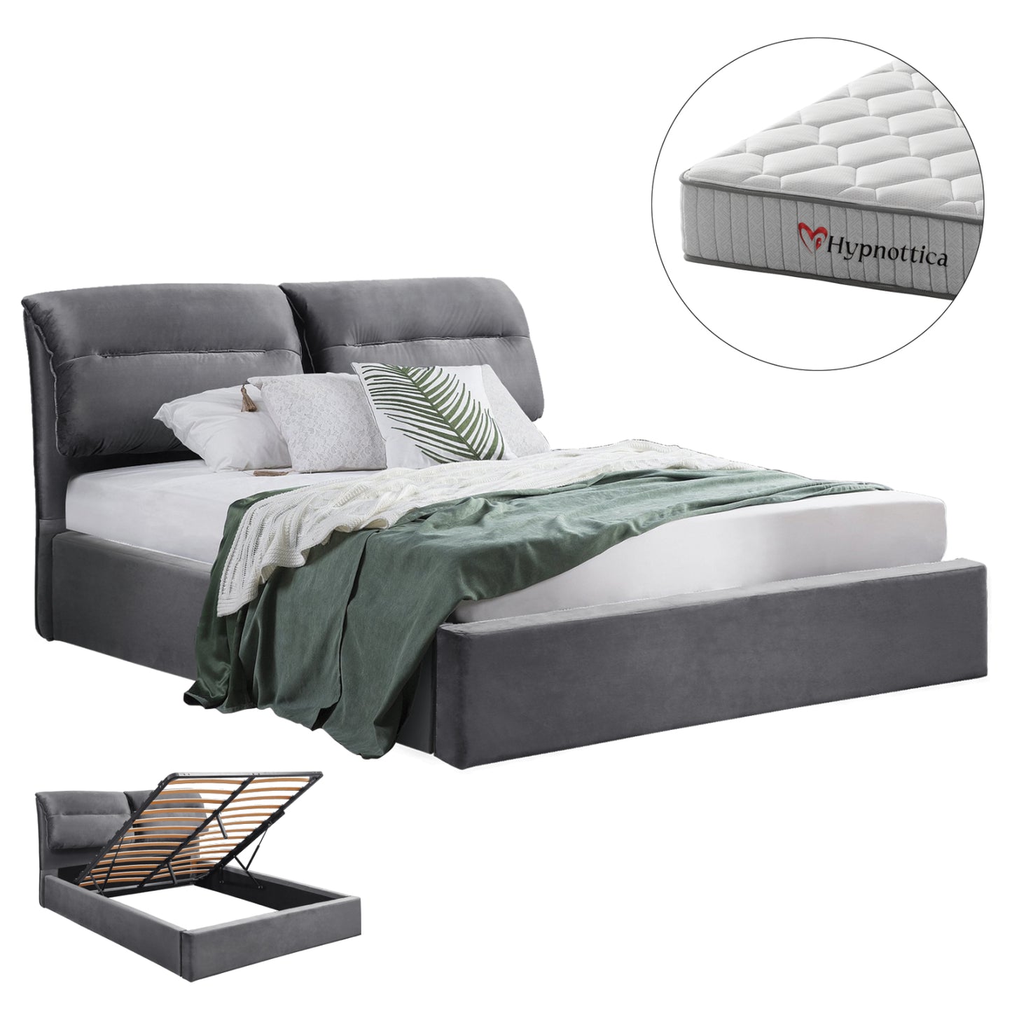 Bed With Mattress & Storage Space Kendra Hm10767.01 Grey Velvet--for Mattress 160x200cm.