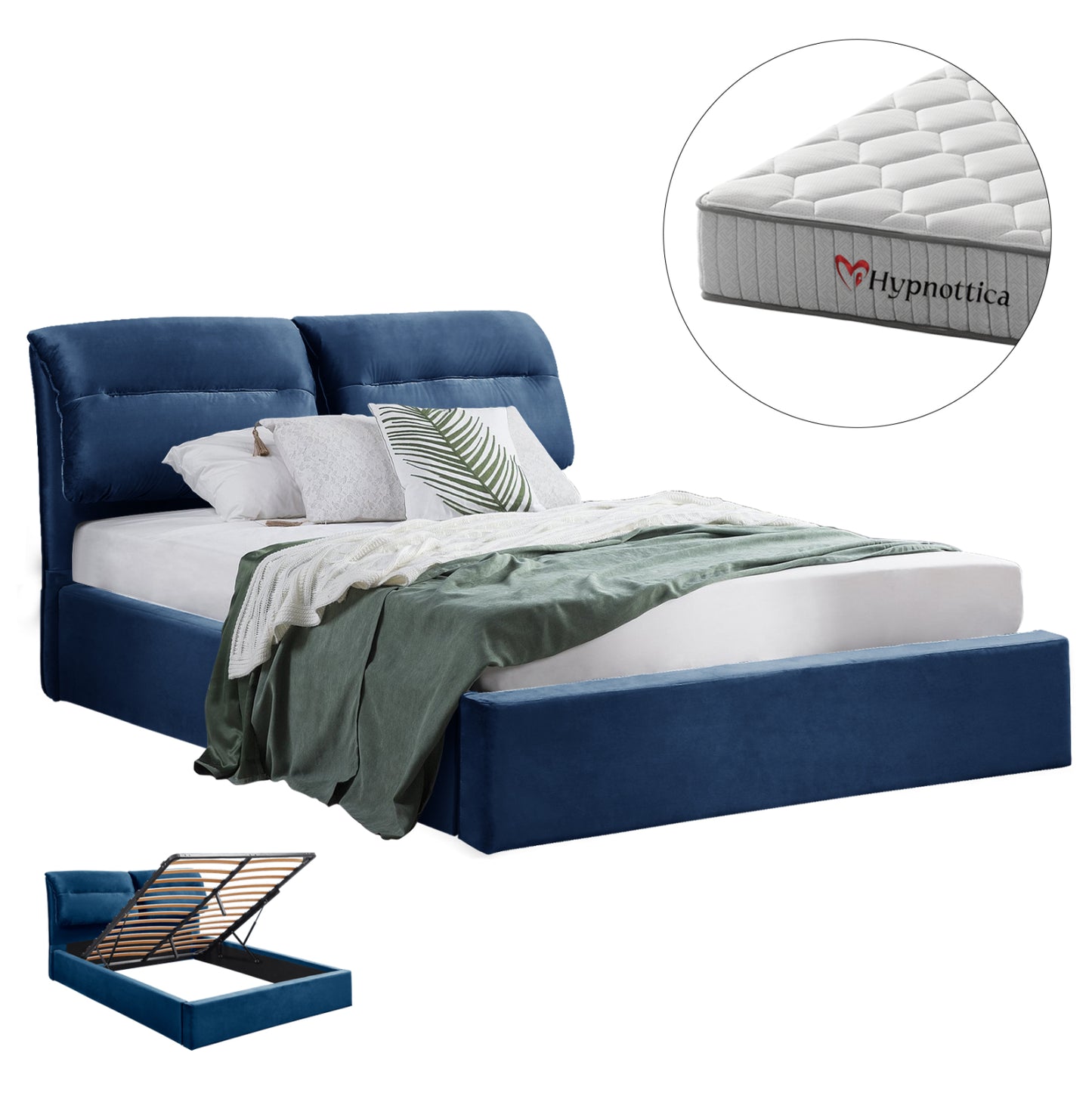 Bed With Mattress & Storage Space Kendra Hm10767.04 Blue Velvet--for Mattress 160x200cm.
