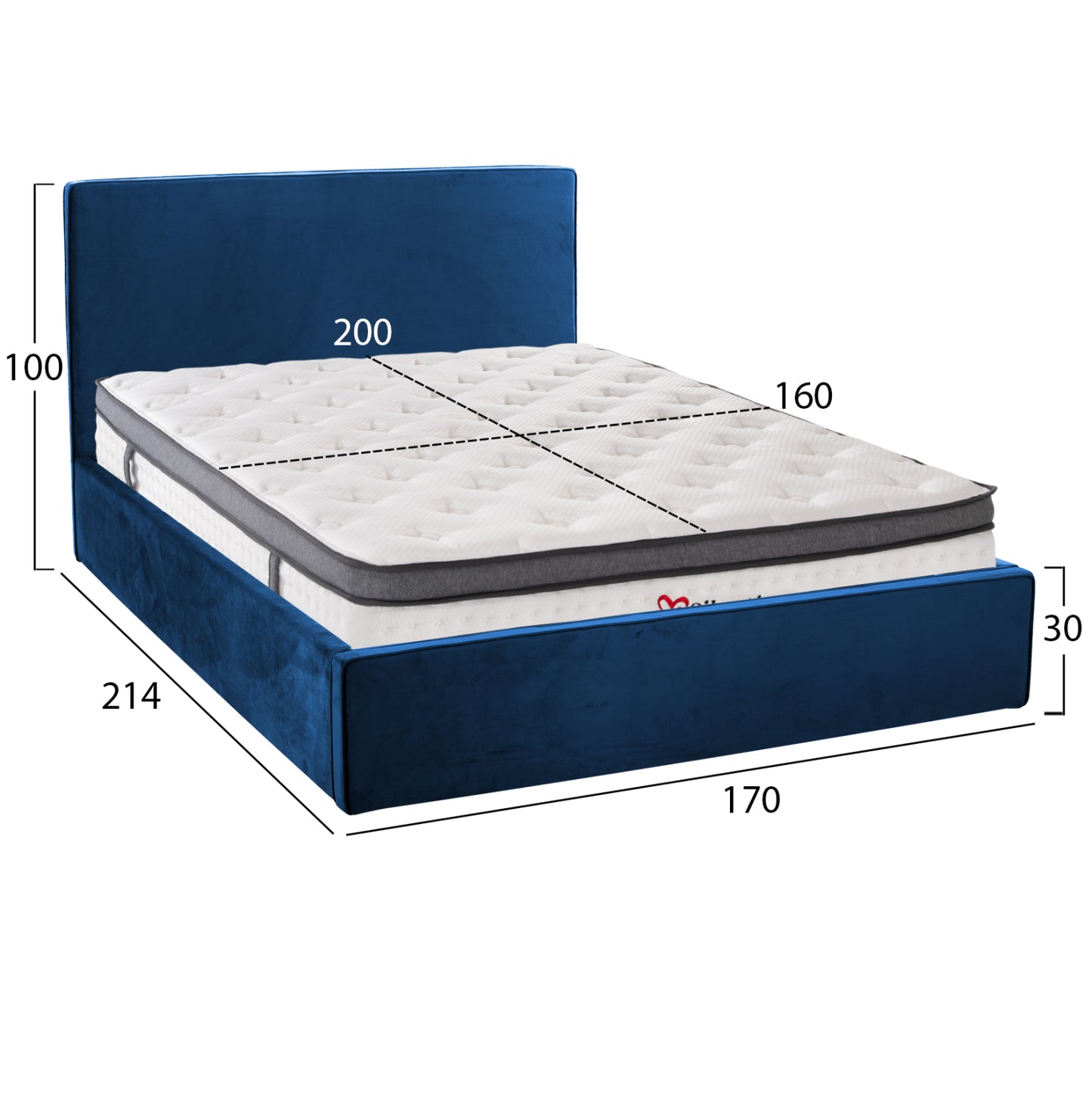 Bed With Mattress & Storage Space Allie Hm10805.18 Blue Velvet--mattress 160Χ200cm