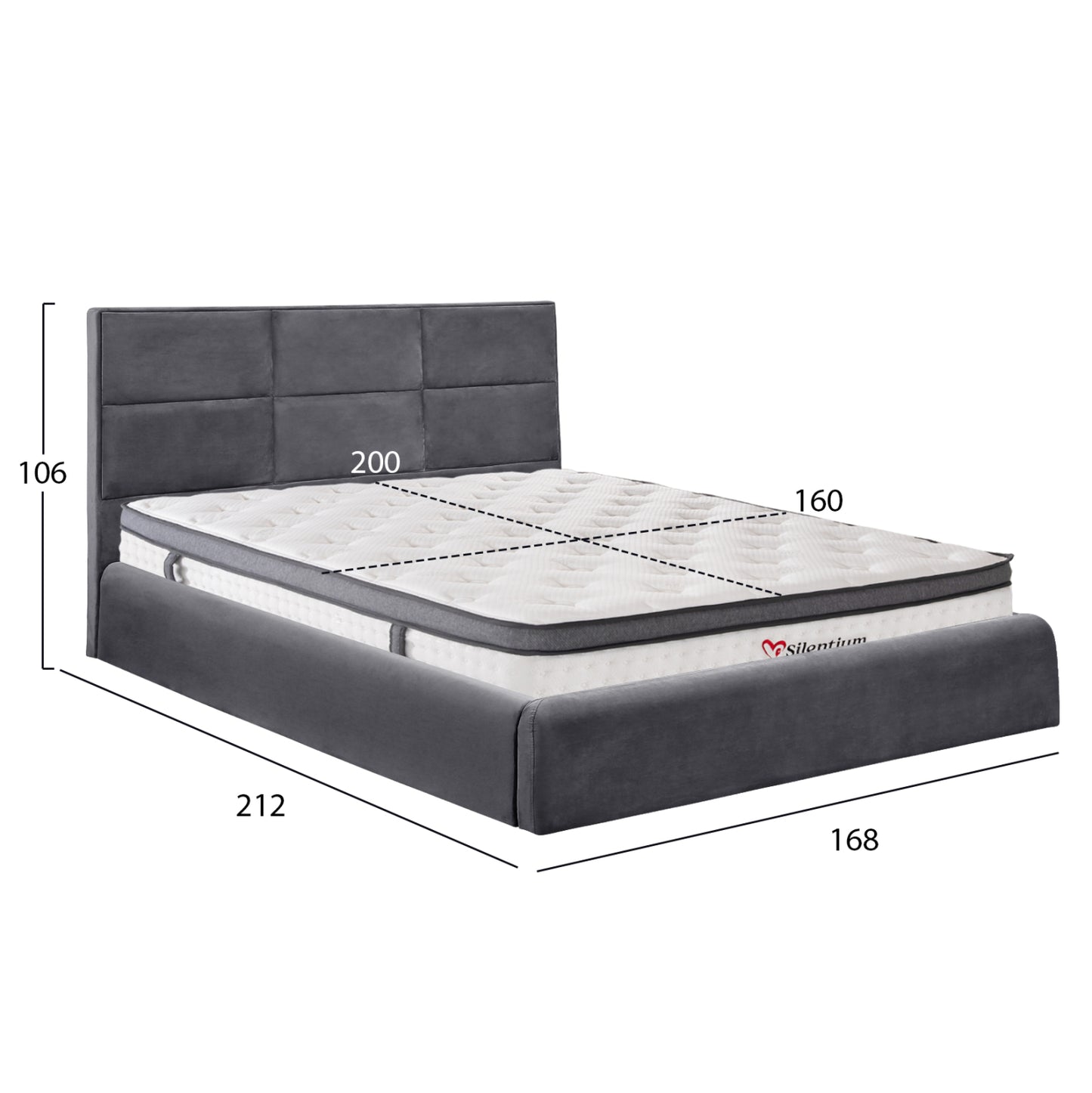 Bed With Mattress & Storage Space Briley Hm10807.01 Grey Velvet--for Mattress 160x200cm.