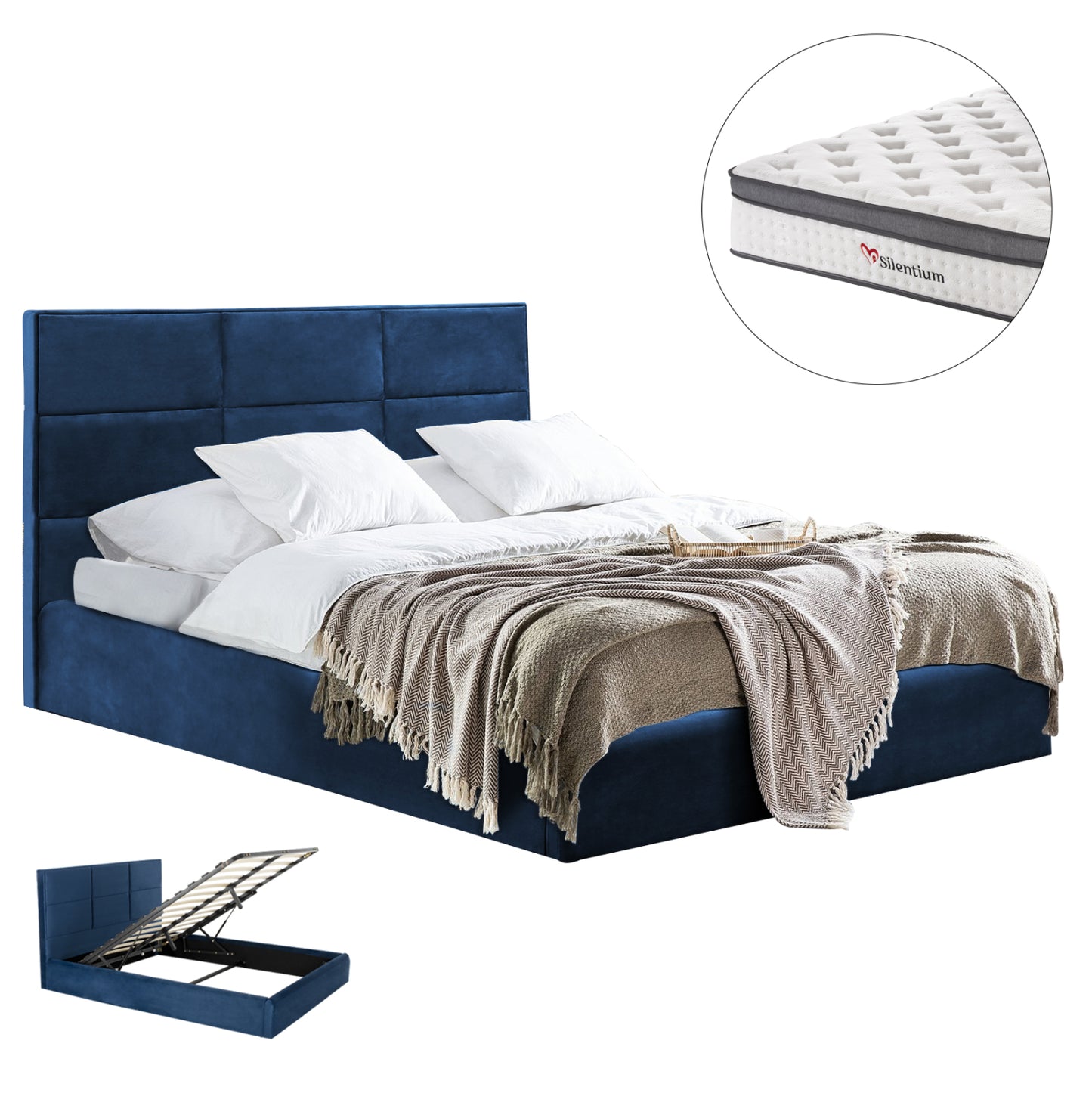 Bed With Mattress & Storage Space Briley Hm10807.08 Blue Velvet--for Mattress 160x200cm.
