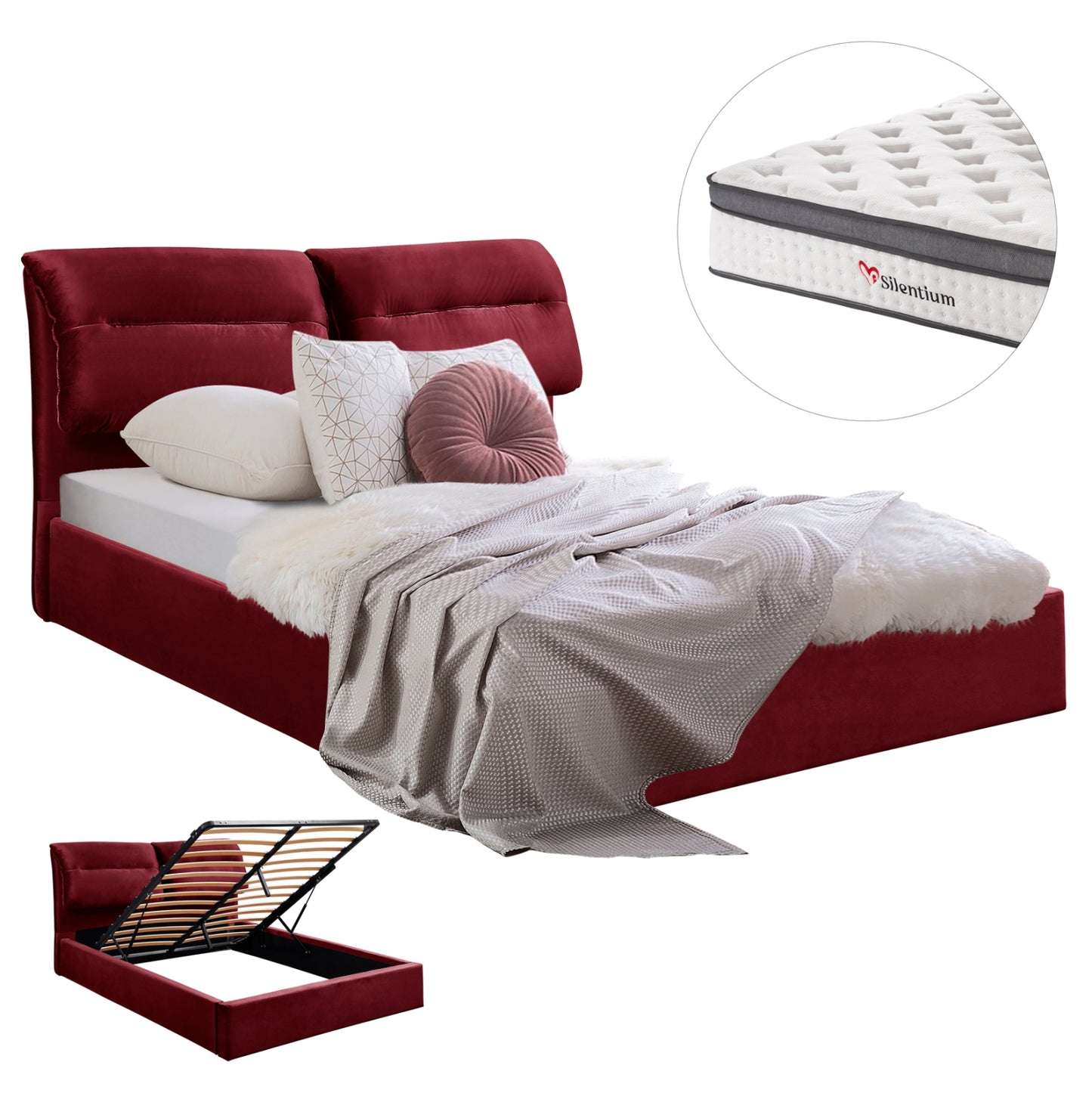 Bed With Mattress & Storage Space Kendra Hm10809.06 Burgundy Red Velvet--for Mattress 160x200cm.