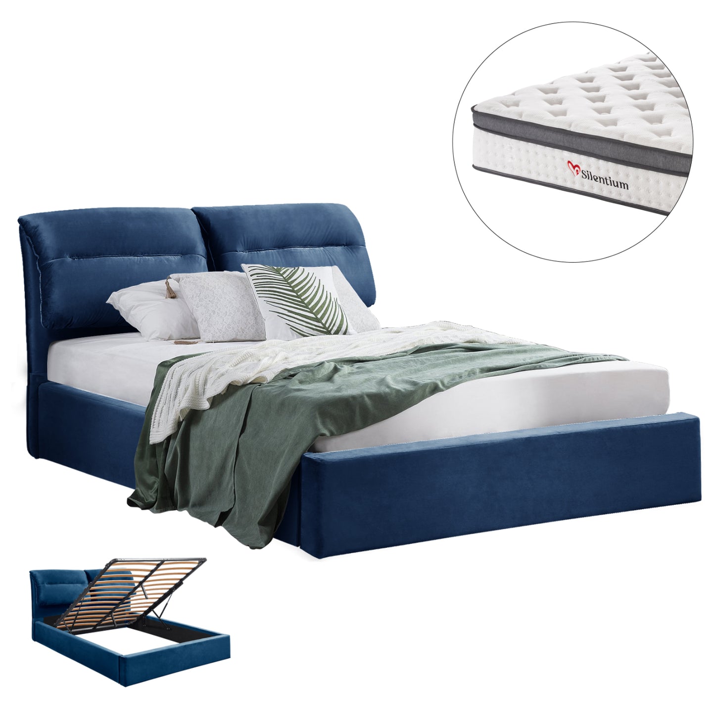 Bed With Mattress & Storage Space Kendra Hm10809.18 Blue Velvet--for Mattress 160x200cm.