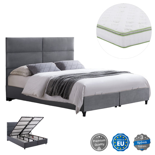 Bed With Mattress Double Milo Hm21163 Grey Velvet & Storage Space--for 160x200cm