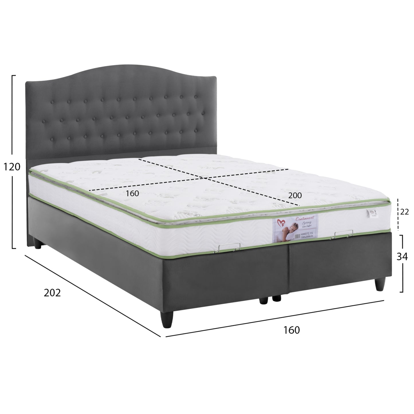 Bed With Mattress Double Malena Hm21164 Grey Velvet & Storage Space--for 160x200cm