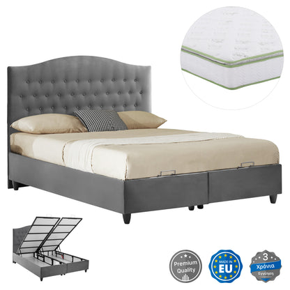 Bed With Mattress Double Malena Hm21164 Grey Velvet & Storage Space--for 160x200cm