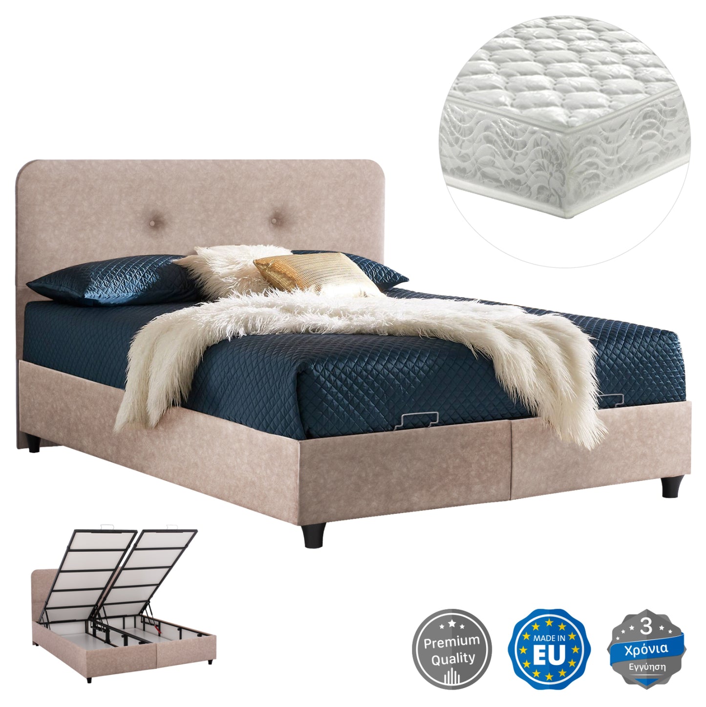 Bed With Mattress Double Dolores Hm21165 Beige Fabric & Storage Space--for 160x200cm