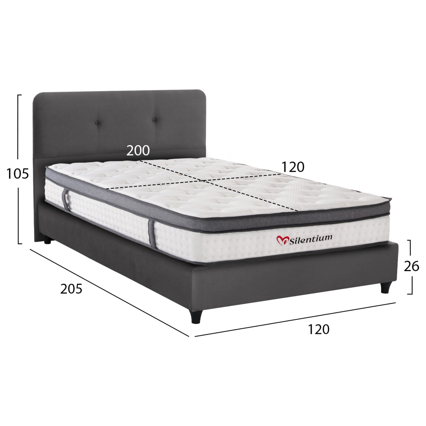 Semi-double Bed With Mattress Dolores Hm10746.01 Velvet In Grey--for 120x200cm.