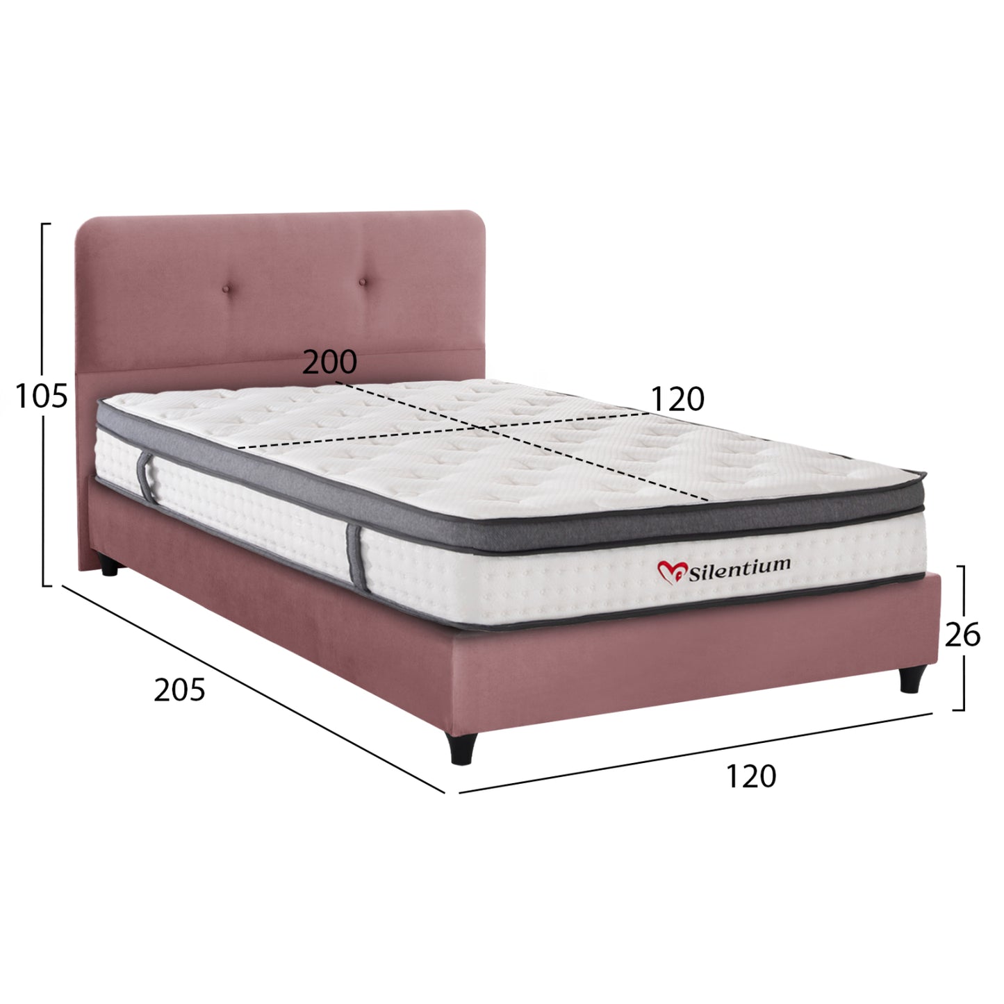 Semi-double Bed With Mattress Dolores Hm10746.02 Velvet In Dusty Pink--for 120x200cm.