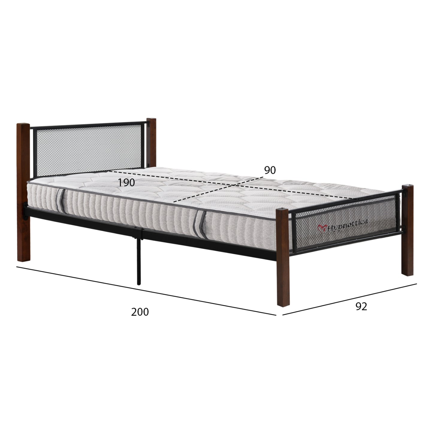 Bed With Mattress Rayven Hm10754.02 Metal & Rubberwood In Dirty Oak--mattress 90x190cm.