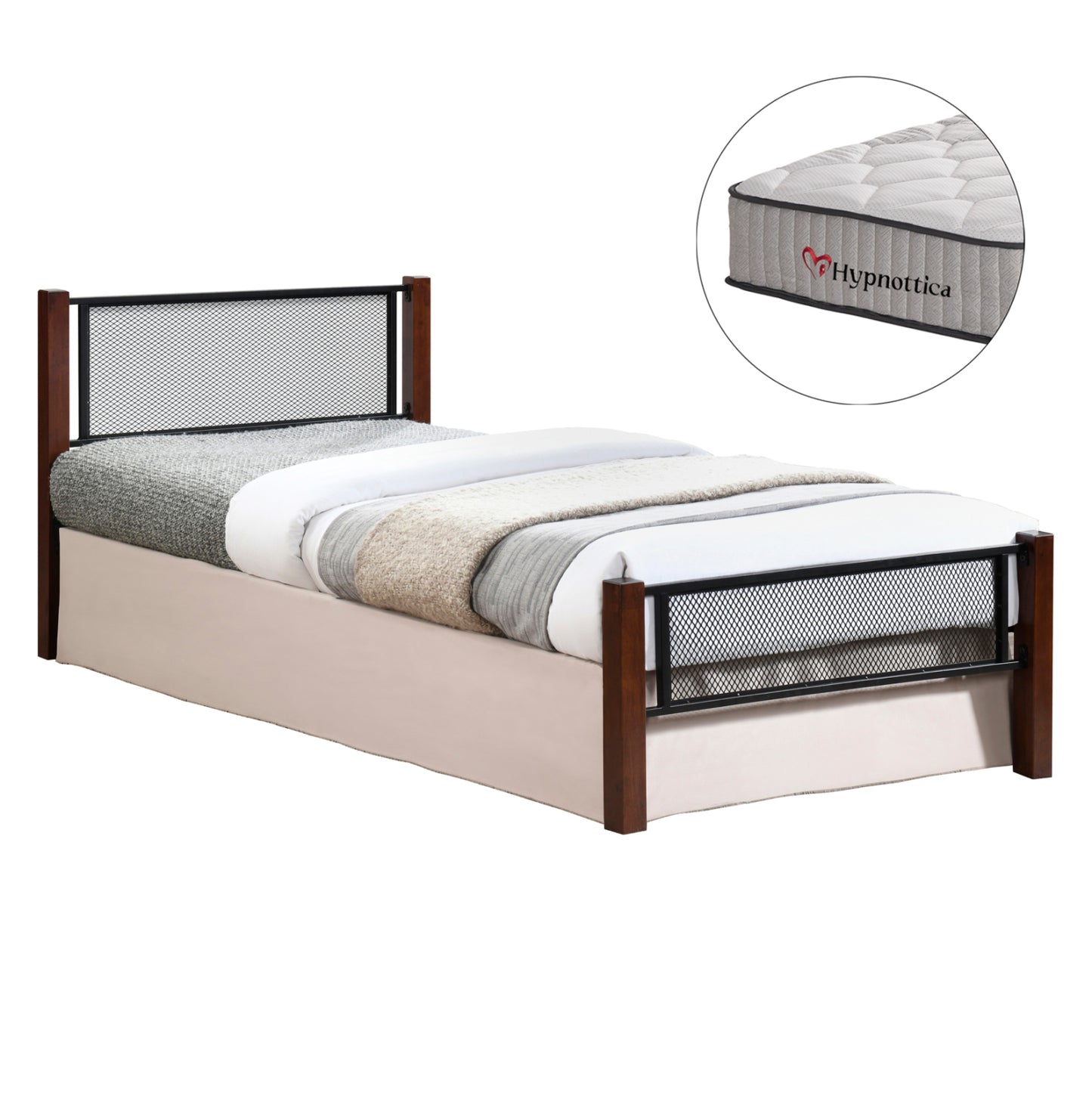 Bed With Mattress Rayven Hm10754.02 Metal & Rubberwood In Dirty Oak--mattress 90x190cm.