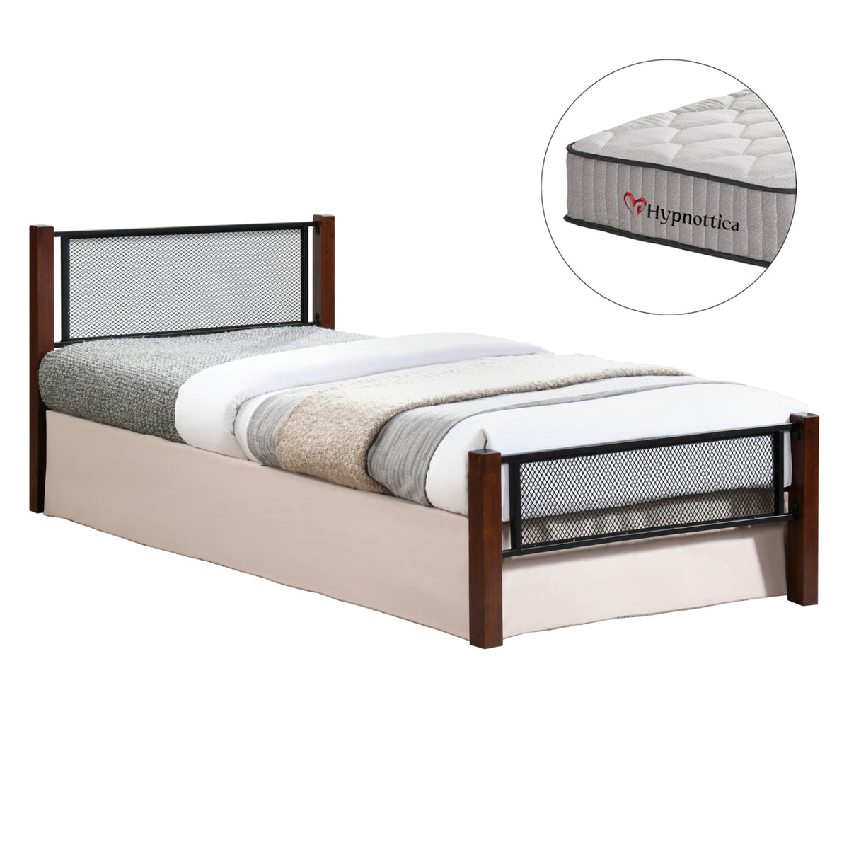 Bed With Mattress Rayven Hm10754.02 Metal & Rubberwood In Dirty Oak--mattress 90x190cm.