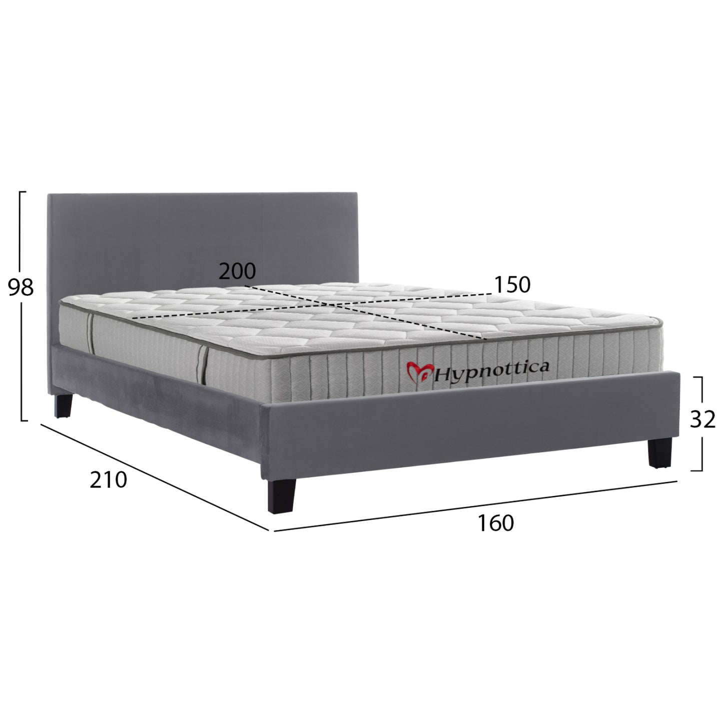 Bed With Mattress Becca Hm10760.02 Grey Fabric--for Mattress 150x200cm