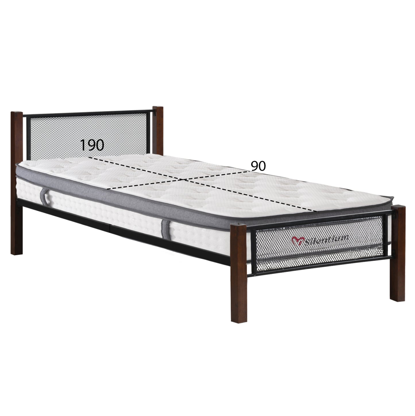 Bed With Mattress Rayven Hm10801 Metal & Rubberwood In Dirty Oak--mattress 90x190cm.