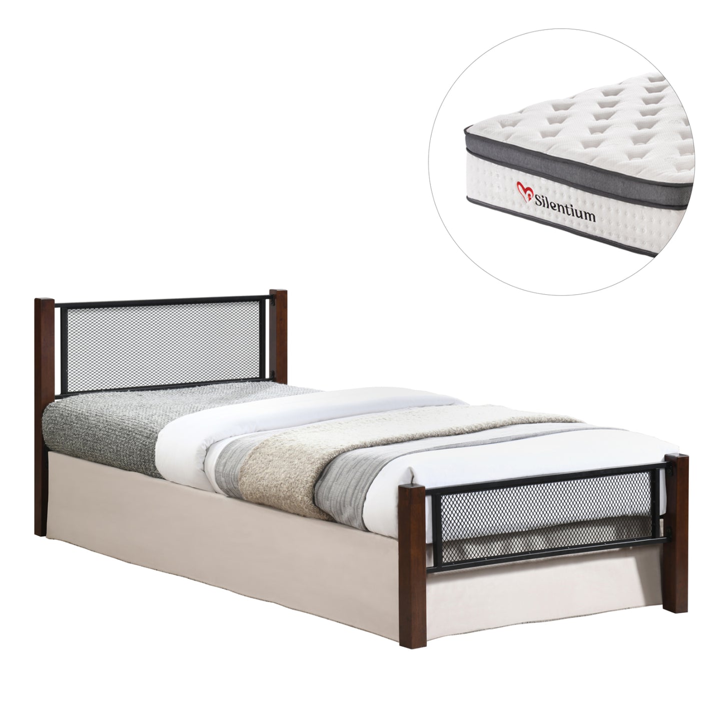 Bed With Mattress Rayven Hm10801 Metal & Rubberwood In Dirty Oak--mattress 90x190cm.