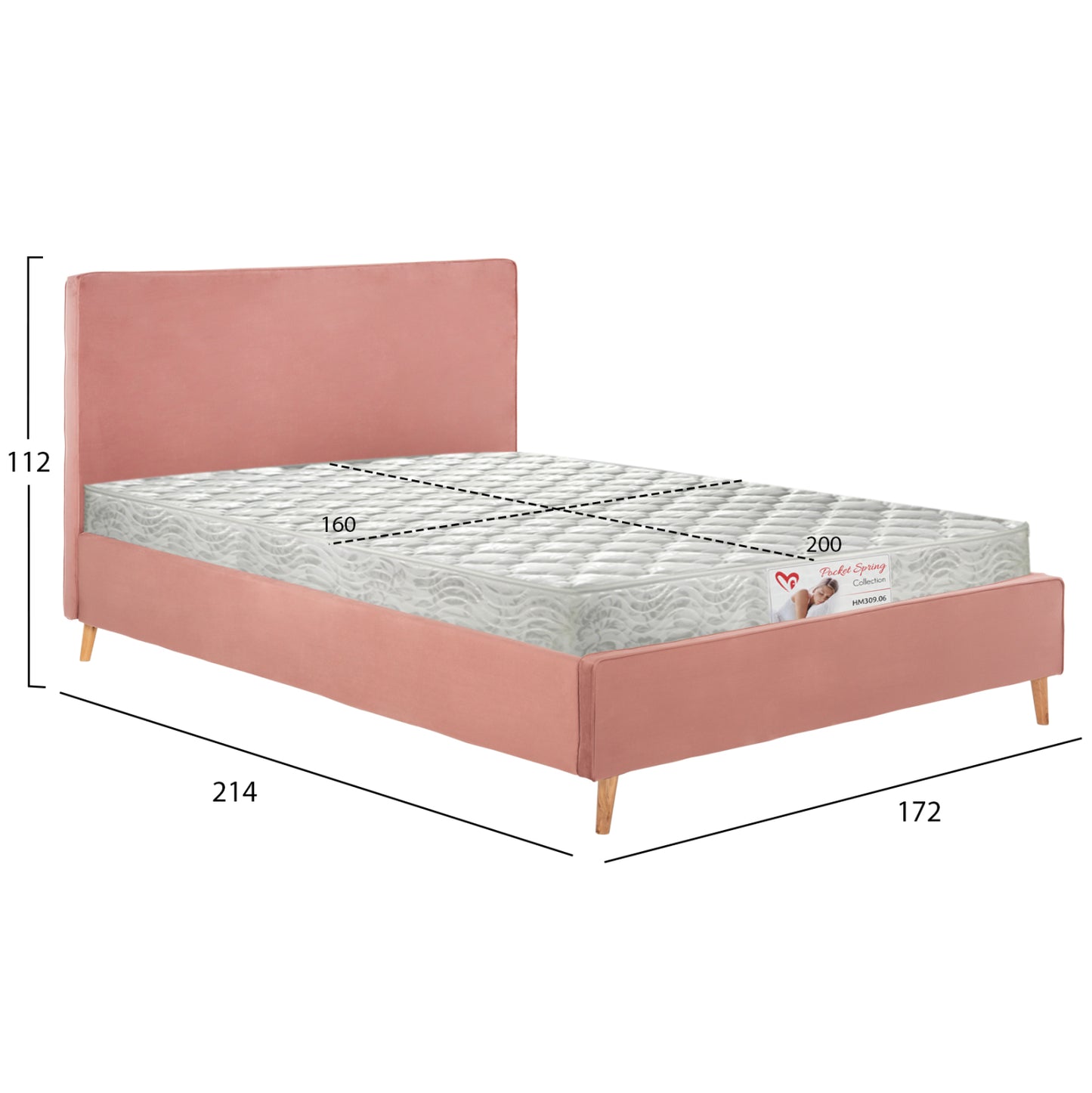 Bed With Mattress Indra Hm21280.03 Dusty Pink Velvet--for Mattress 160x200cm