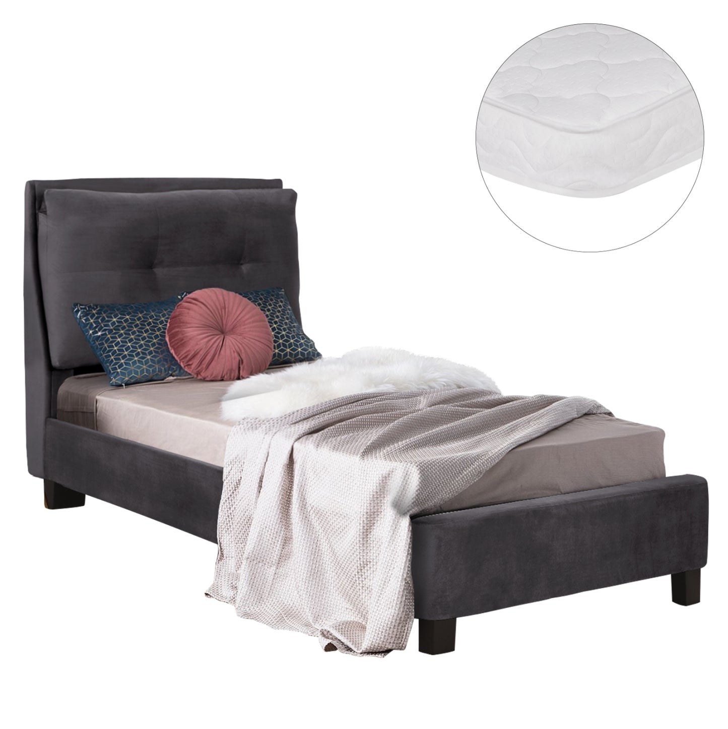 Bed With Mattress Riley Hm21282.01 Grey Velvet--for Mattress 90x200cm