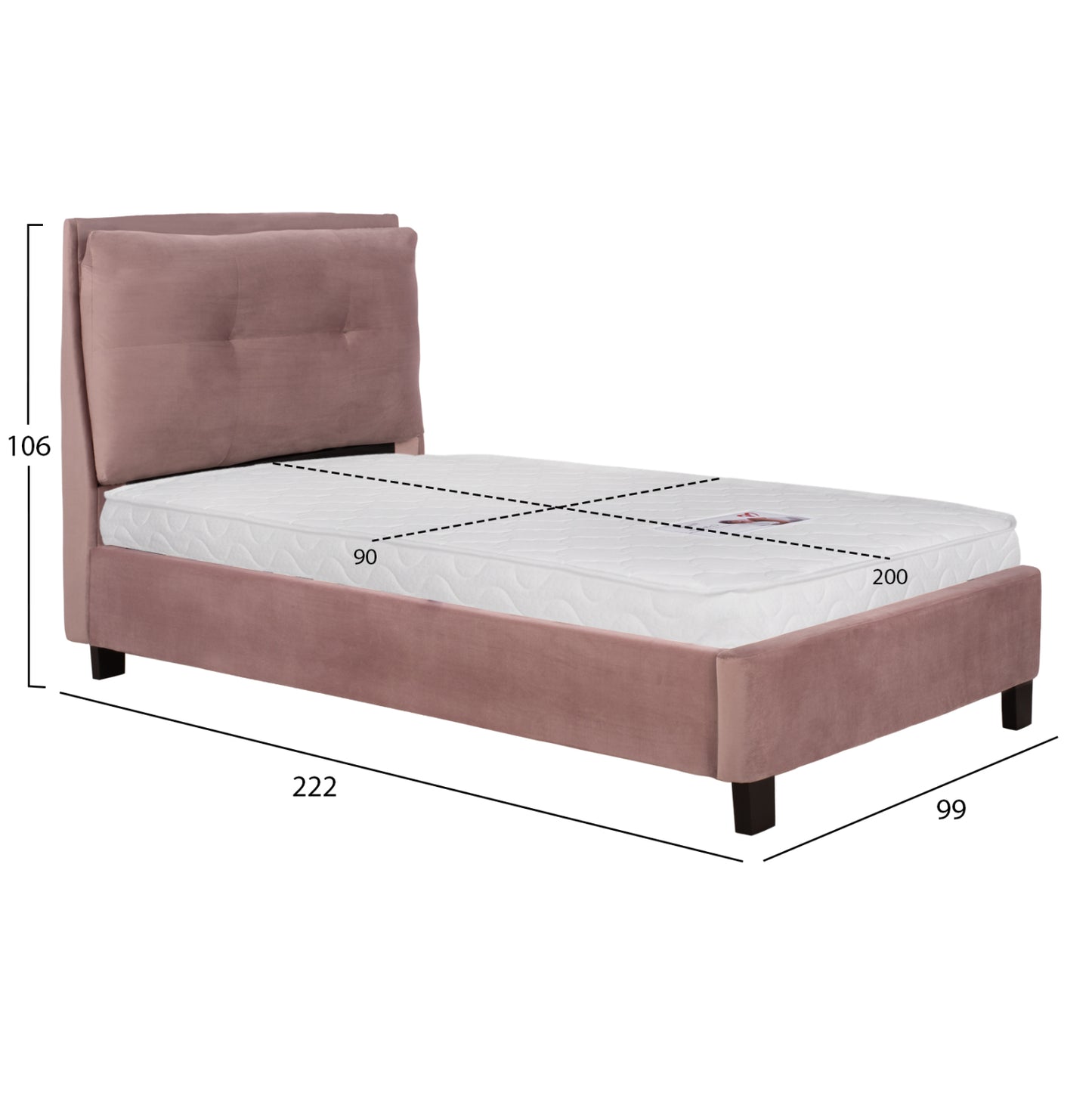 Bed With Mattress Riley Hm21282.02 Dusty Pink Velvet--for Mattress 90x200cm