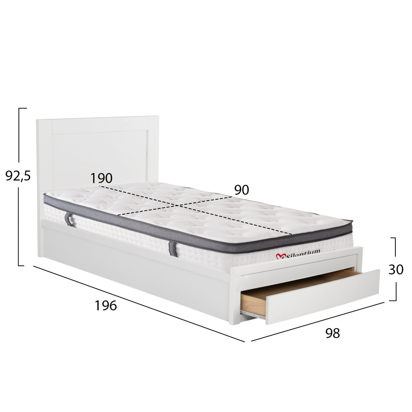Single Bed With Drawer & Mattress Melany Hm10745.04 Melamine In White--for 90x190cm.
