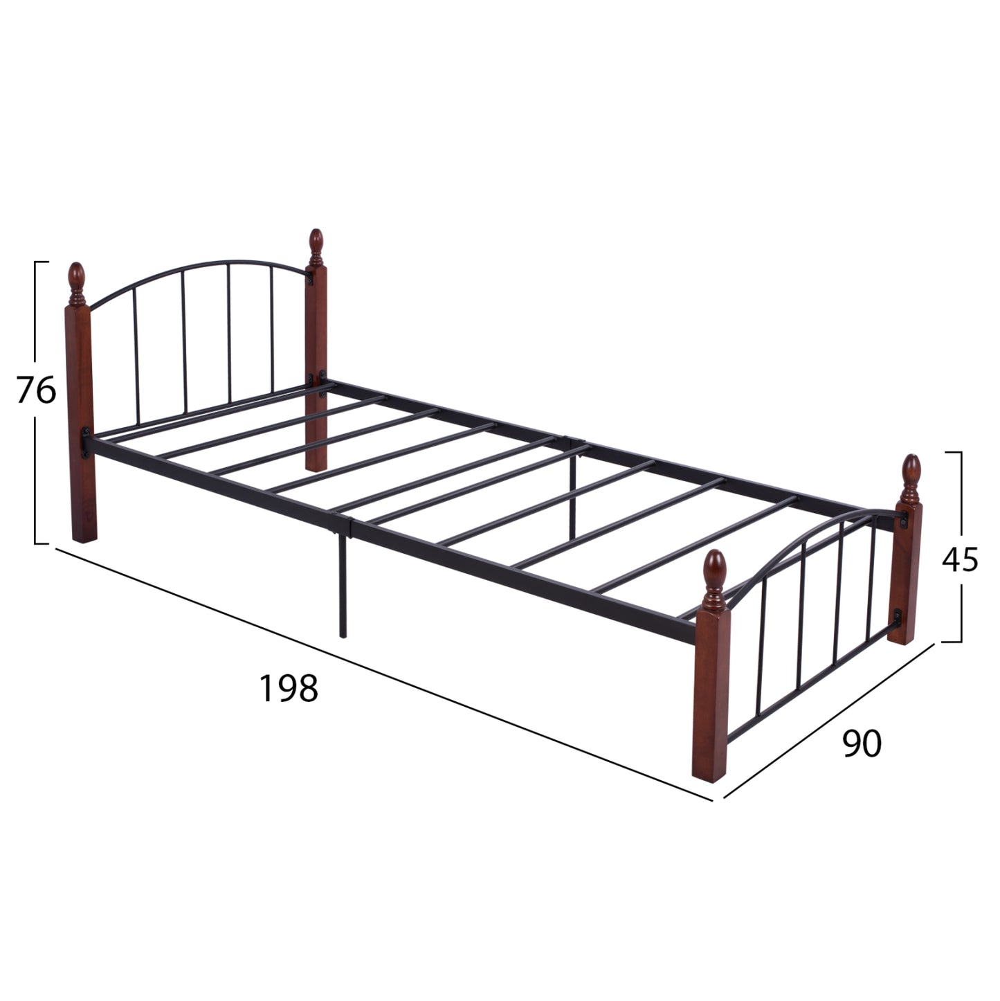 Hm381 Bed Makai, Metallic-rubberwood, 90x190, Walnut