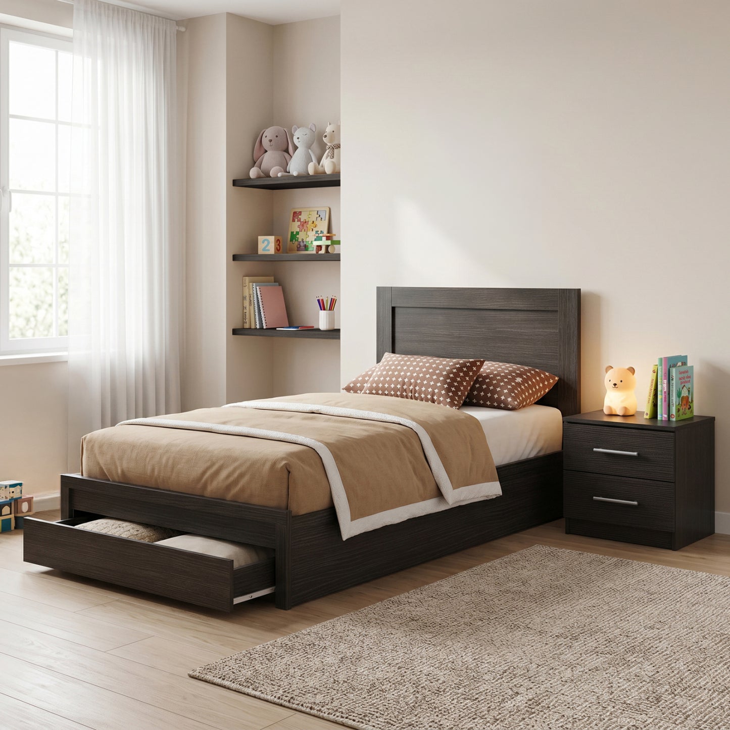 Single Bed With Drawer & Mattress Melany Hm10745.01 Melamine In Zebrano--for 90x190cm.