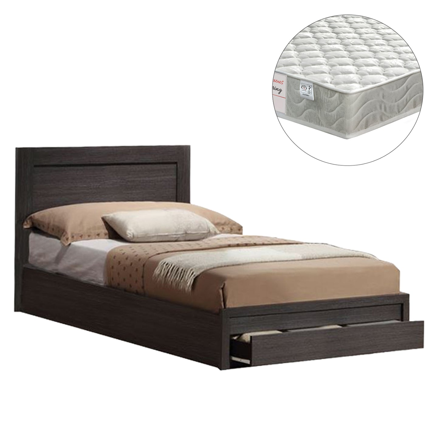 Single Bed With Drawer & Mattress Melany Hm10745.01 Melamine In Zebrano--for 90x190cm.