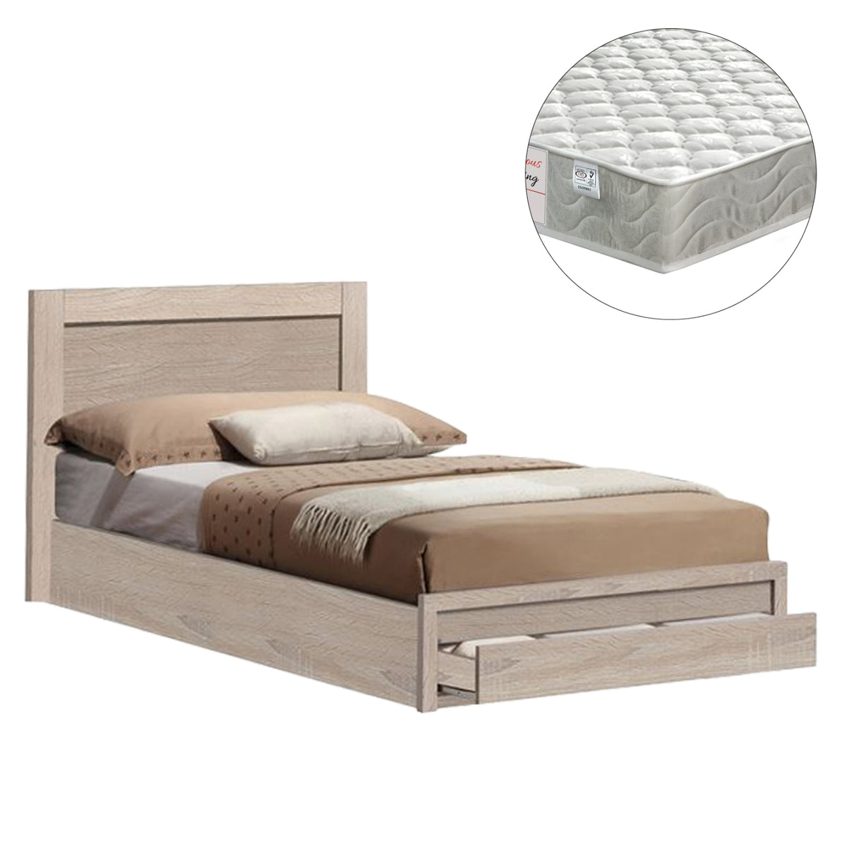Single Bed With Drawer & Mattress Melany Hm10745.02 Melamine In Sonama--for 90x190cm.