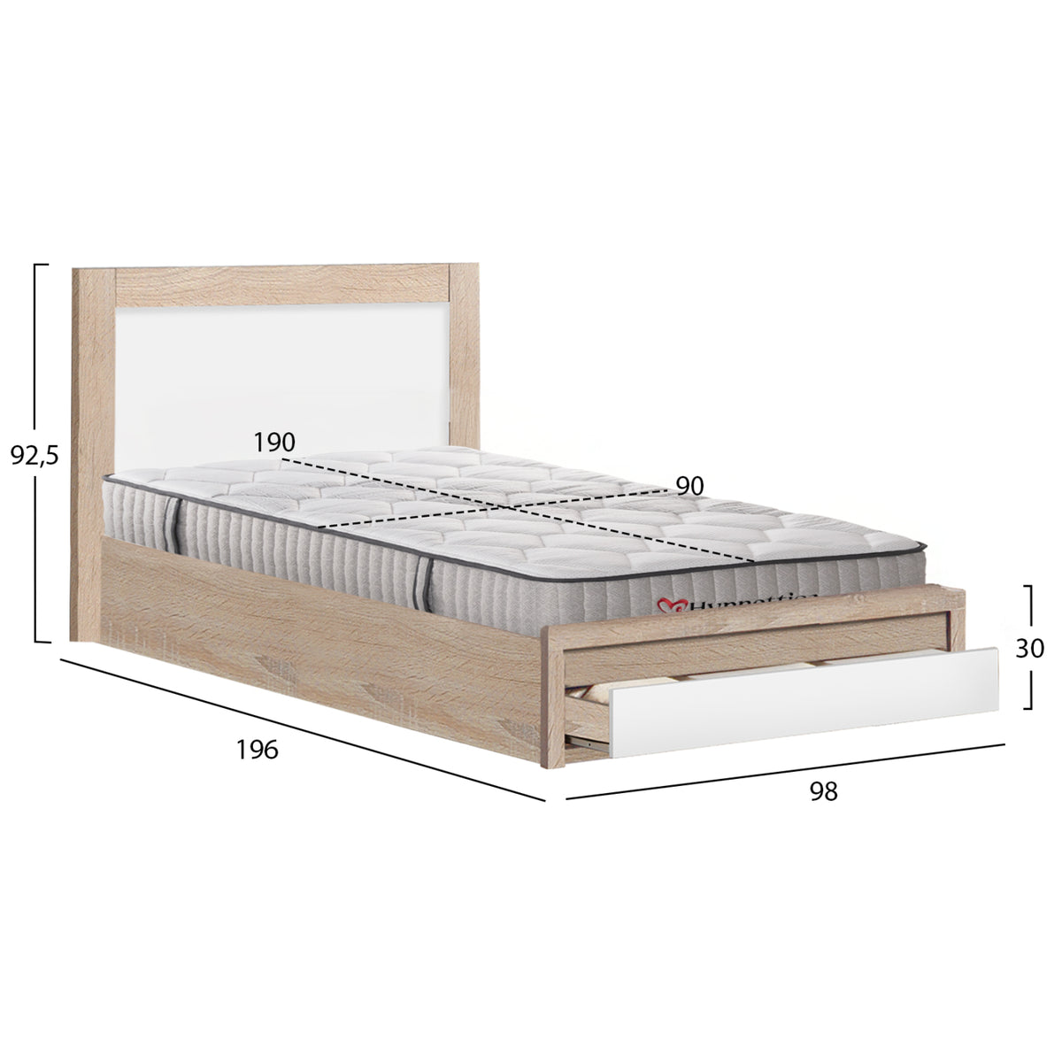 Single Bed With Drawer & Mattress Melany Hm10756.01 Melamine In Sonama/white--for 90x190cm.
