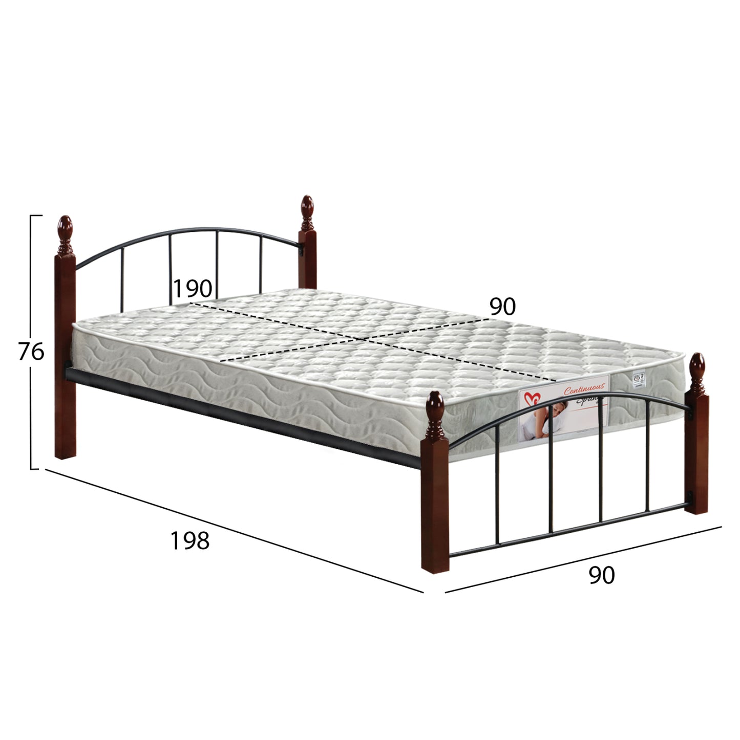 Bed With Mattress Makai Hm21330 Metal & Wood In Walnut--mattress 90x190cm