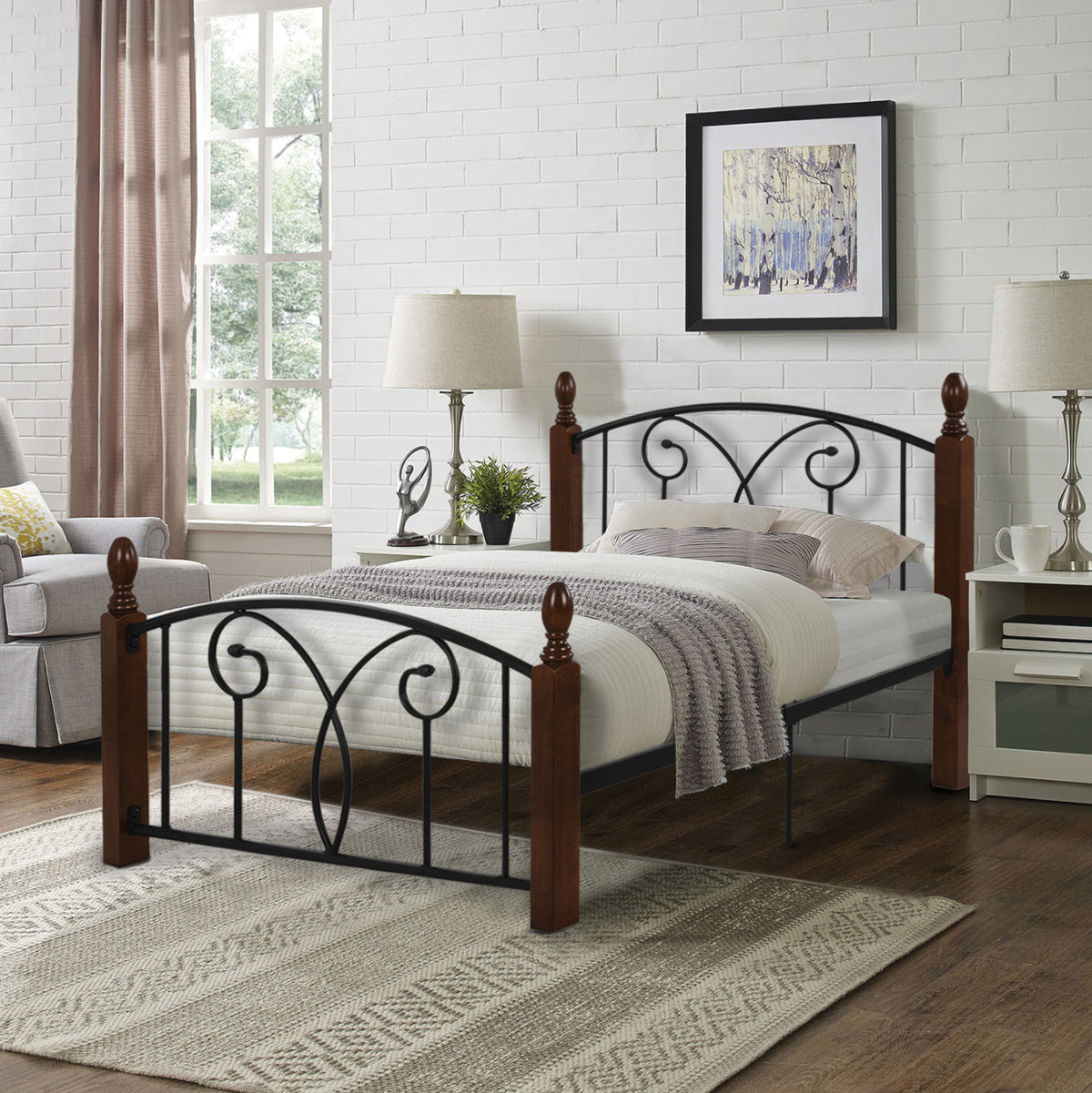 Bed With Mattress Suzie Hm21331 Metal & Wood In Walnut--mattress 90x190cm