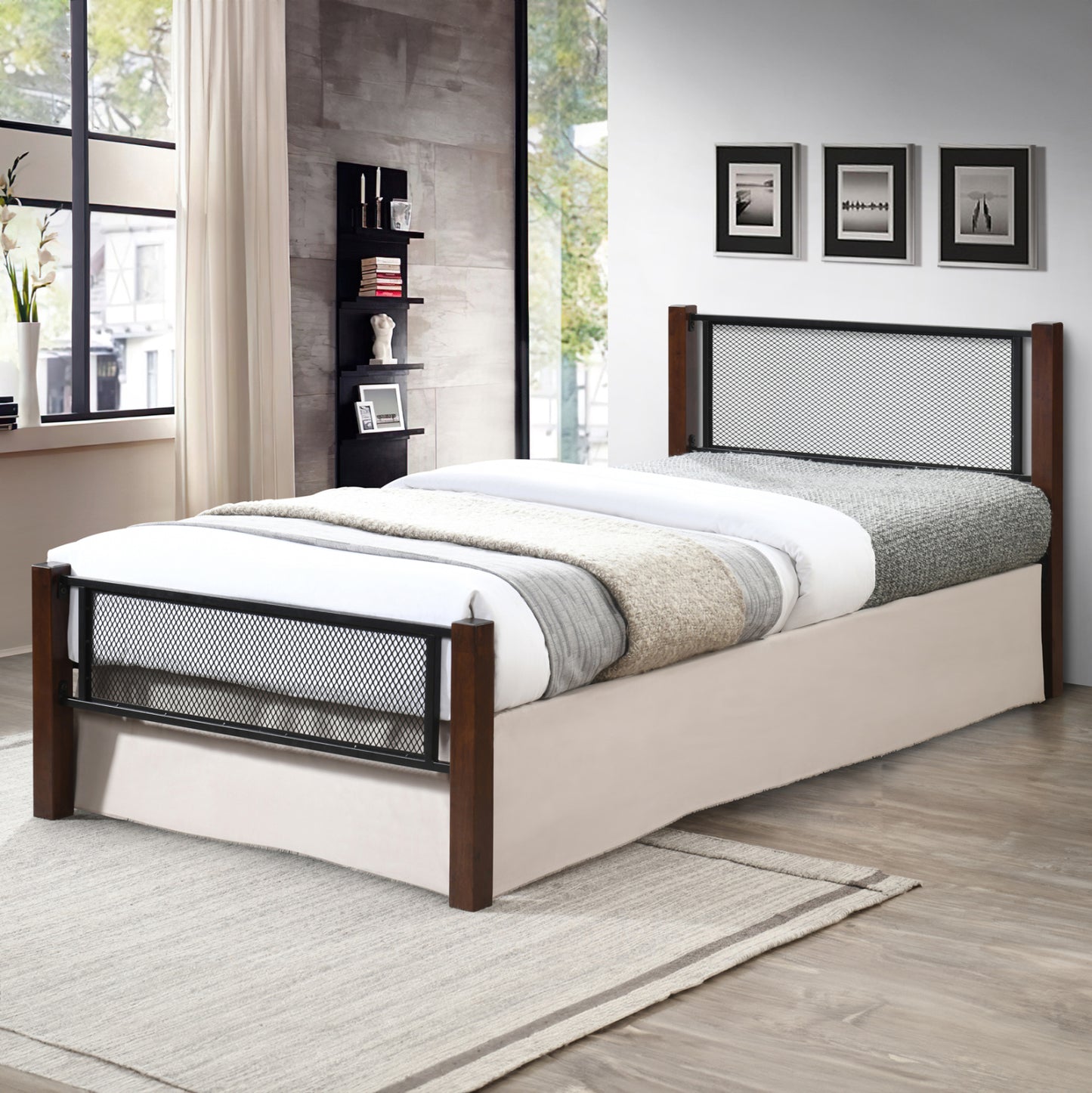 Bed With Mattress Rayven Hm21335 Metal & Wood In Dirty Oak--mattress 90x190cm