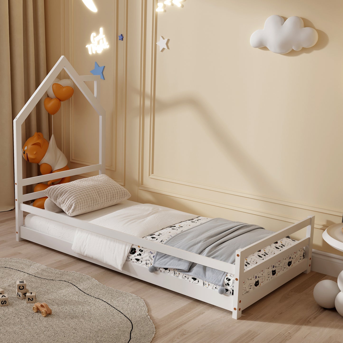 Bed For Kids Houser Hm676.03 T.montessori Solid Pine Wood In White- 190x90cm.