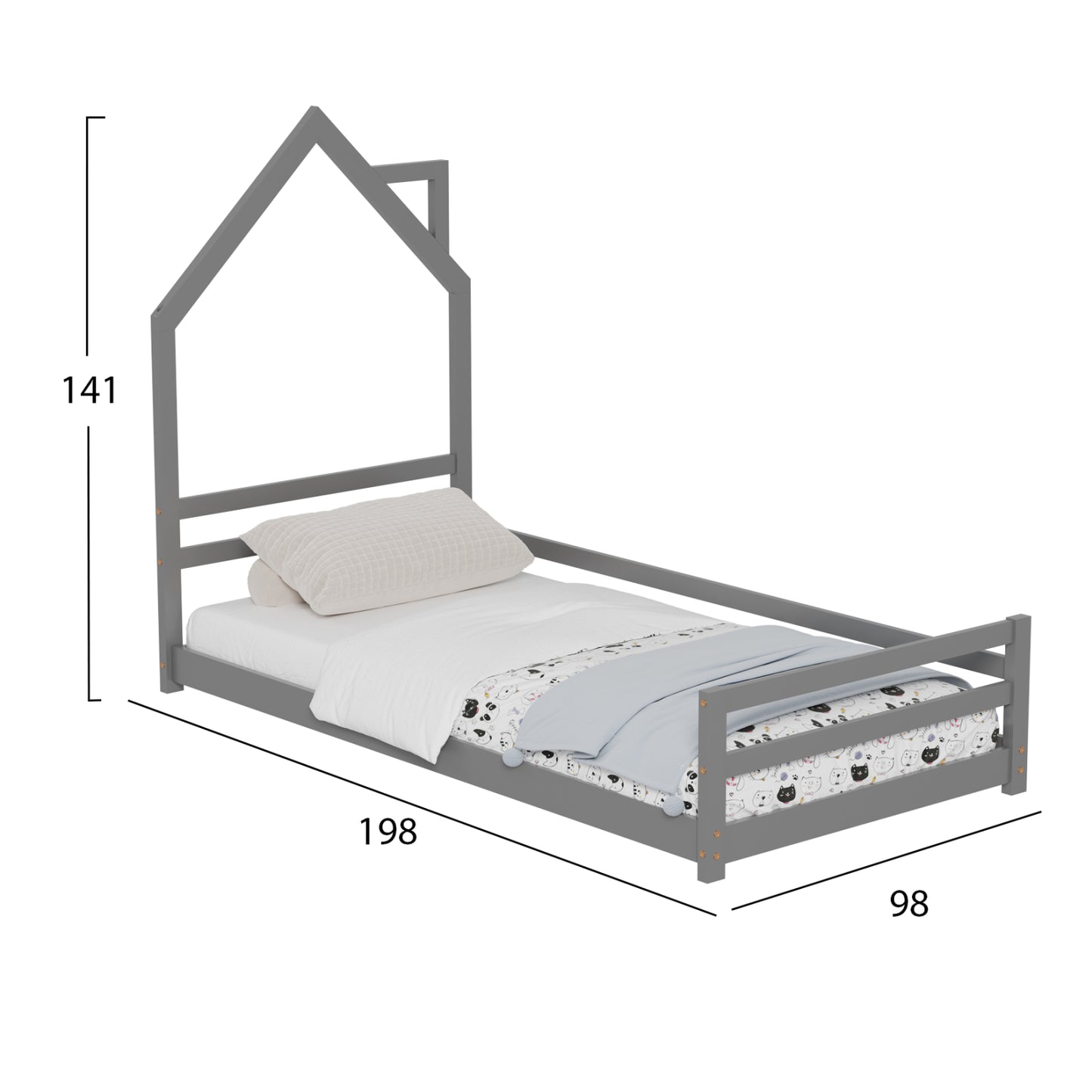 Bed For Kids Houser Hm676.05 T.montessori Solid Pine Wood In Grey- 190x90cm.