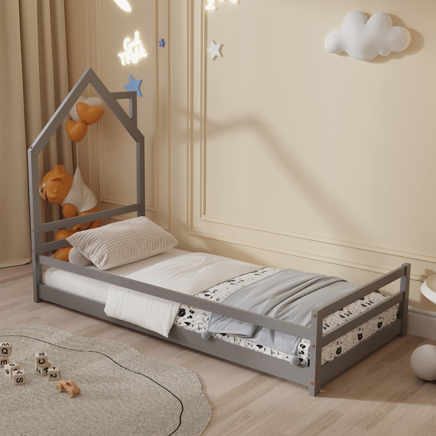 Bed For Kids Houser Hm676.05 T.montessori Solid Pine Wood In Grey- 190x90cm.