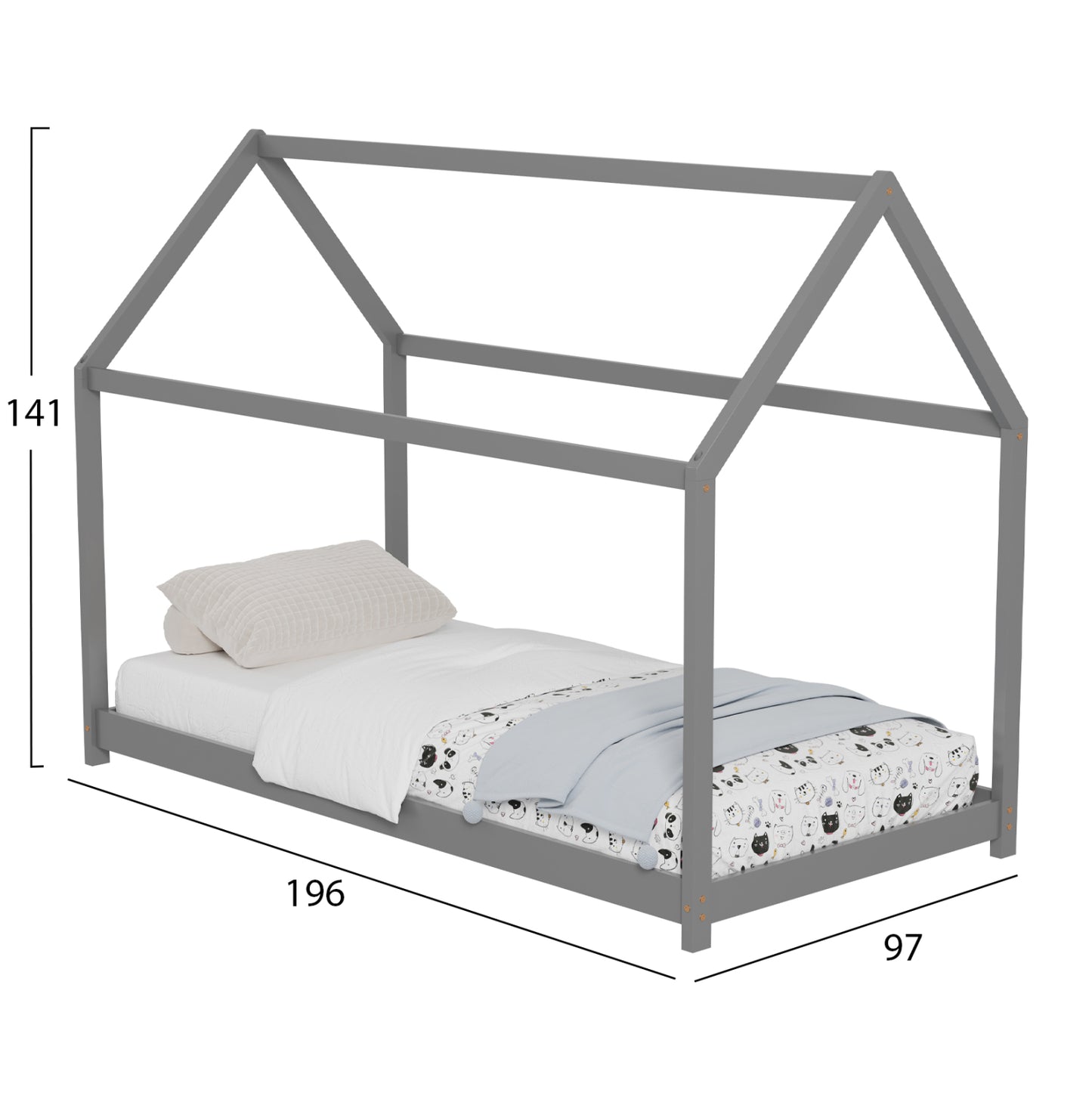 Bed For Kids Pepe Hm677.05 T.montessori Solid Pine Wood In Grey- 190x90cm.