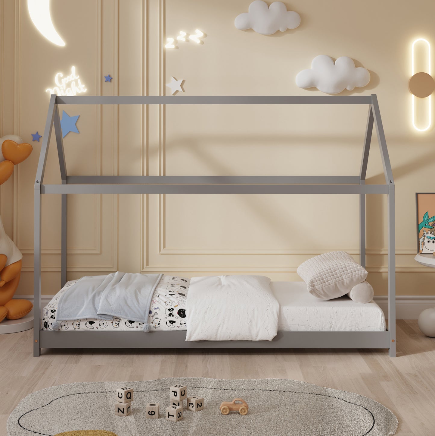 Bed For Kids Pepe Hm677.05 T.montessori Solid Pine Wood In Grey- 190x90cm.