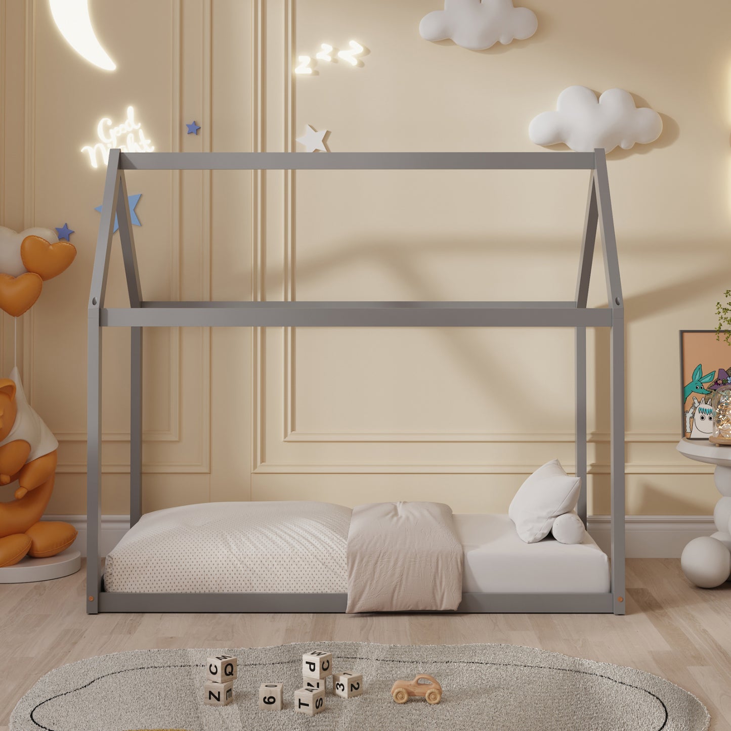 Bed For Kids Pepe Hm678.05 T.montessori Solid Pine Wood In Grey- 140x70cm.