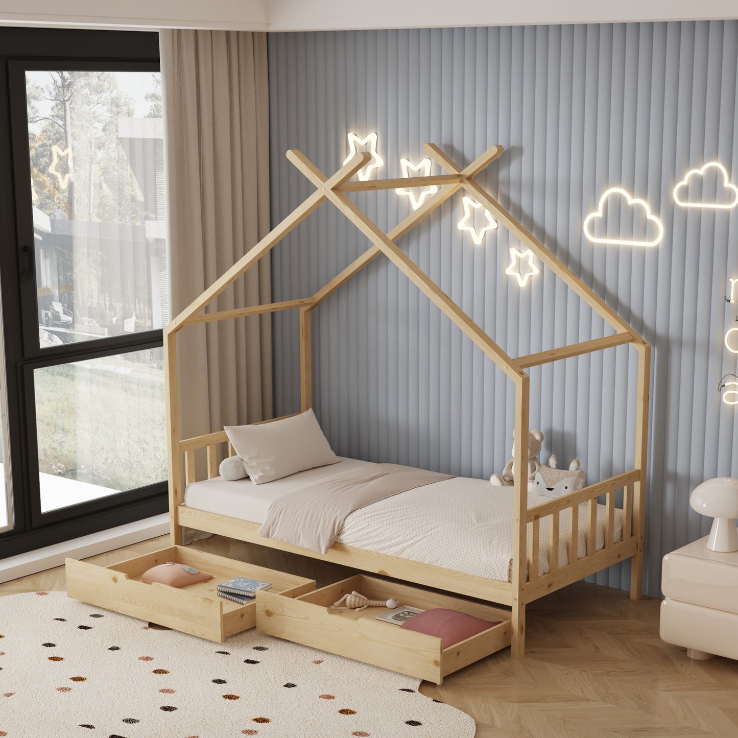 Bed For Kids Klarice Hm680.01 T.montessori-2 Drawers- Solid Pine Wood In Natural- 190x90cm.