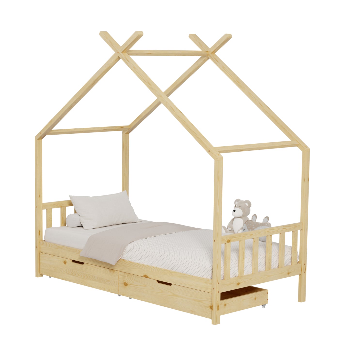 Bed For Kids Klarice Hm680.01 T.montessori-2 Drawers- Solid Pine Wood In Natural- 190x90cm.