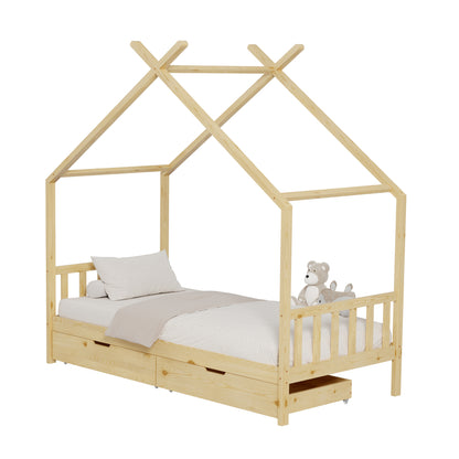 Bed For Kids Klarice Hm680.01 T.montessori-2 Drawers- Solid Pine Wood In Natural- 190x90cm.