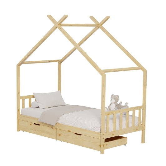 Bed For Kids Klarice Hm680.01 T.montessori-2 Drawers- Solid Pine Wood In Natural- 190x90cm.