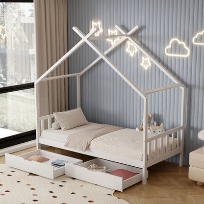 Bed For Kids Klarice Hm680.03 T.montessori-2 Drawers- Solid Pine Wood In White- 190x90cm.