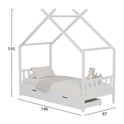 Bed For Kids Klarice Hm680.03 T.montessori-2 Drawers- Solid Pine Wood In White- 190x90cm.