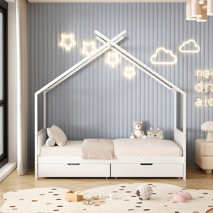 Bed For Kids Klarice Hm680.03 T.montessori-2 Drawers- Solid Pine Wood In White- 190x90cm.
